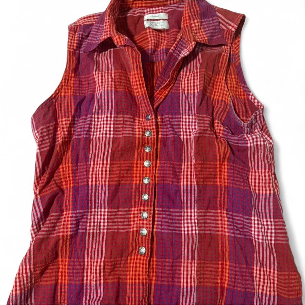 Vintage Christopher & Banks Red and Purple Plaid Sleeveless Shirt size small